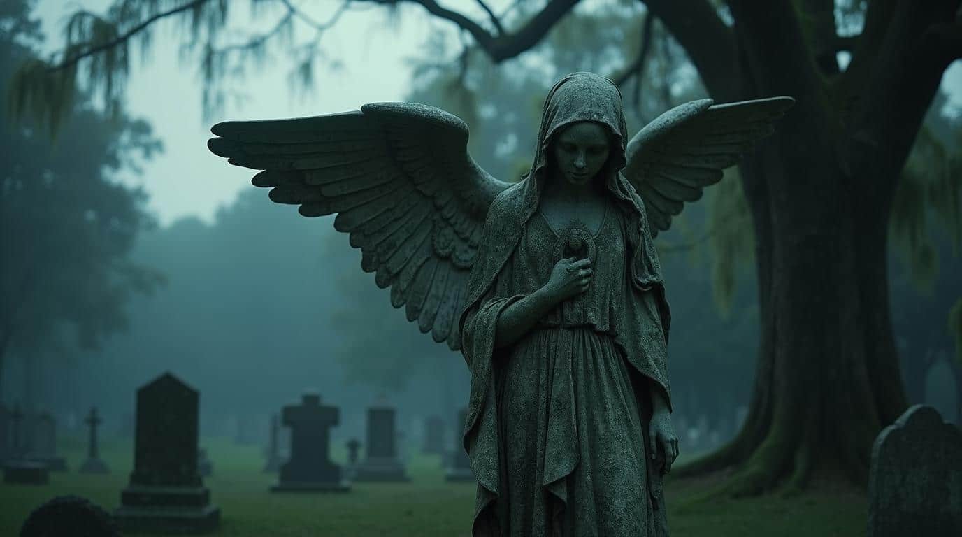 horizontal old cemetery angel statue with fog for haunted cemetery stories in America
