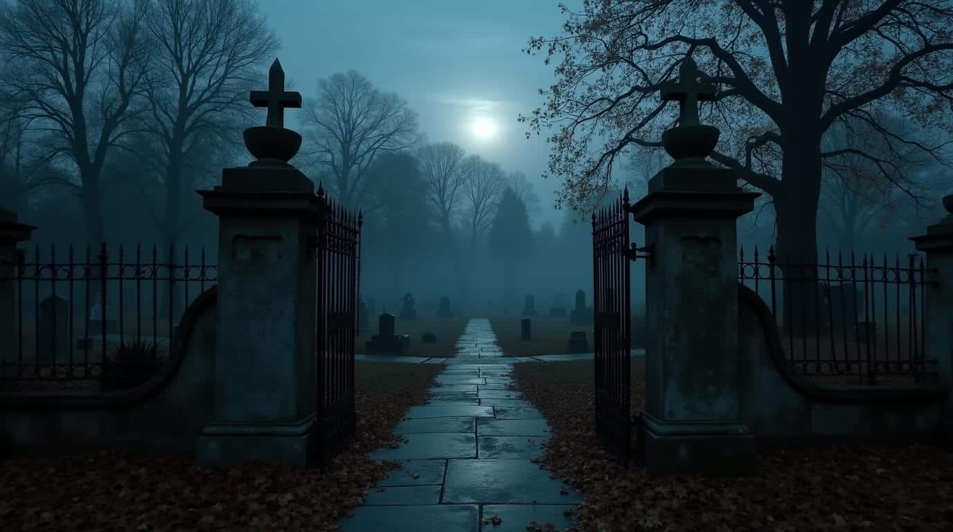 Horizontal haunted American cemetery at dusk for haunted cemeteries in America