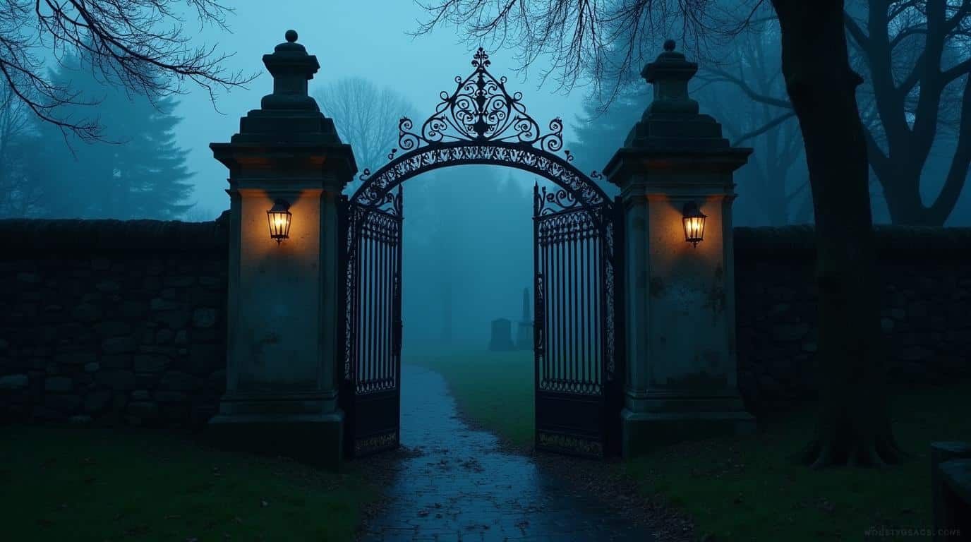 horizontal haunted cemetery gates at dusk for haunted cemeteries in America
