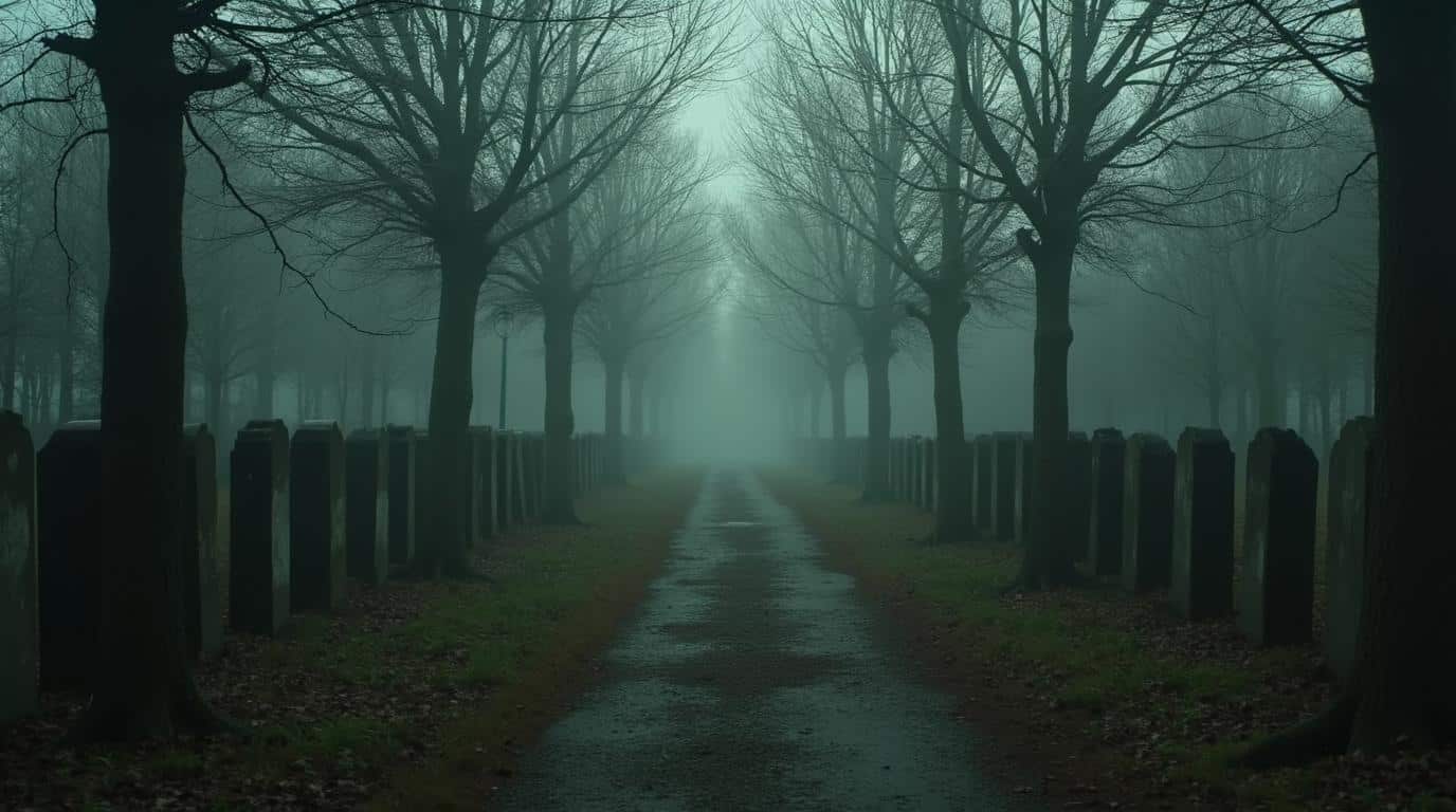 horizontal wooded cemetery path inspired by Bachelor’s Grove Cemetery ghost stories