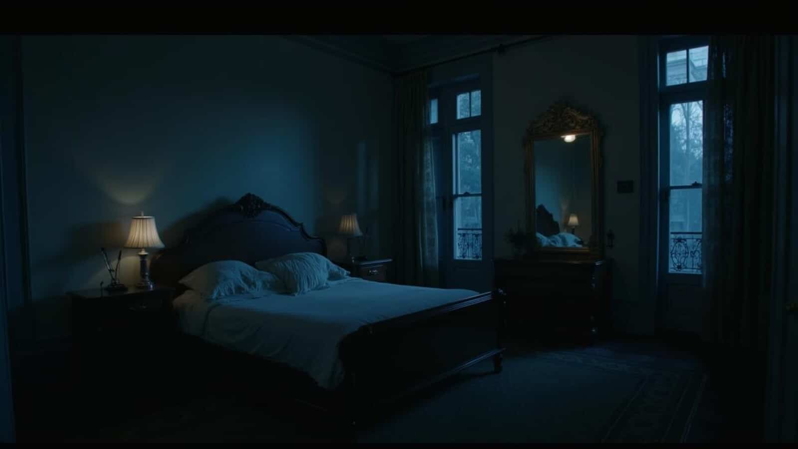 Horizontal historic New Orleans hotel room with cold haunted atmosphere
