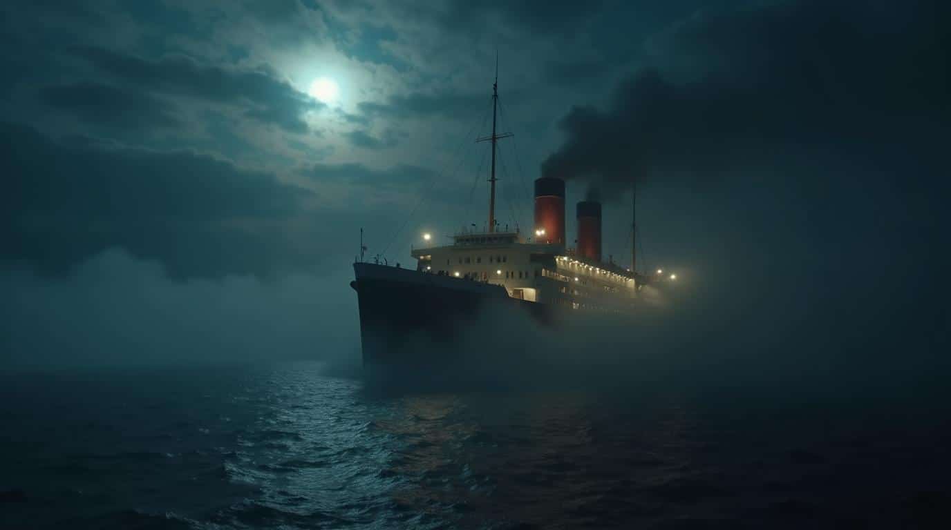 Horizontal haunted ships ghost stories image of a historic ocean liner in fog at night