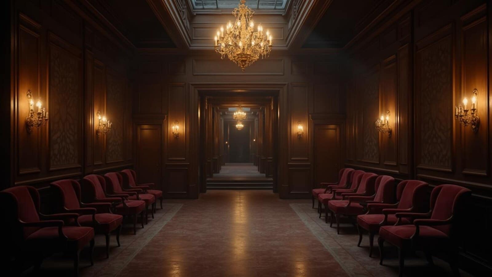 historic haunted hotel lobby inspired by Stanley Hotel ghost stories with chandelier and long shadows