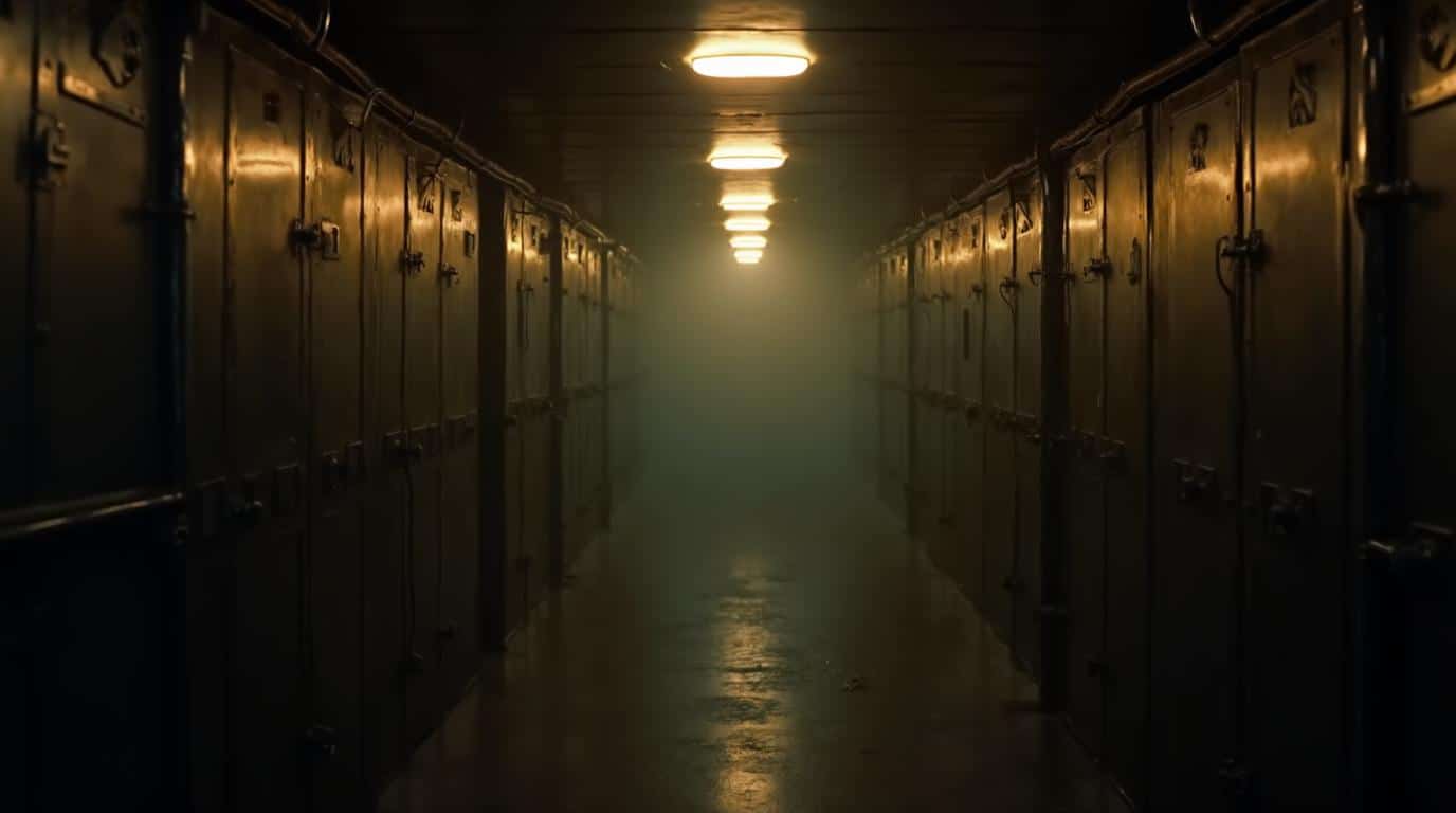 Horizontal historic haunted ship corridor with dim lights and long shadows