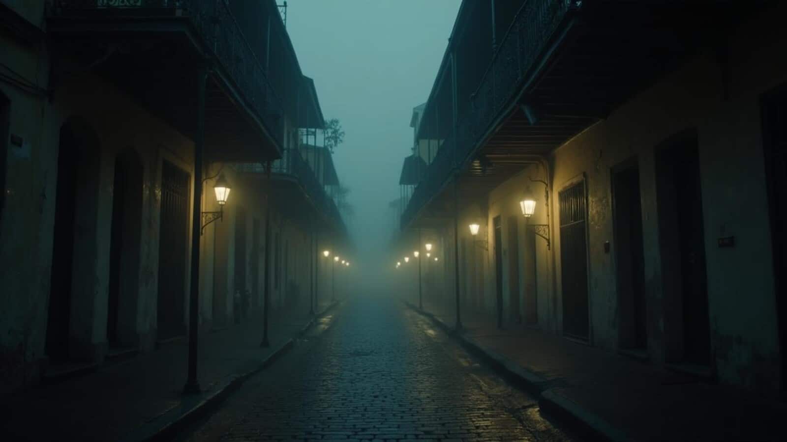 Horizontal cinematic haunted French Quarter street for most haunted places in New Orleans