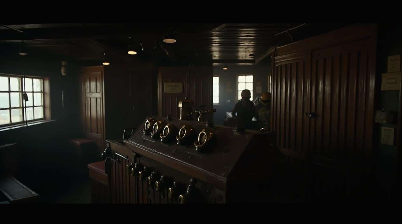 Horizontal museum ship interior with brass controls and eerie maritime atmosphere