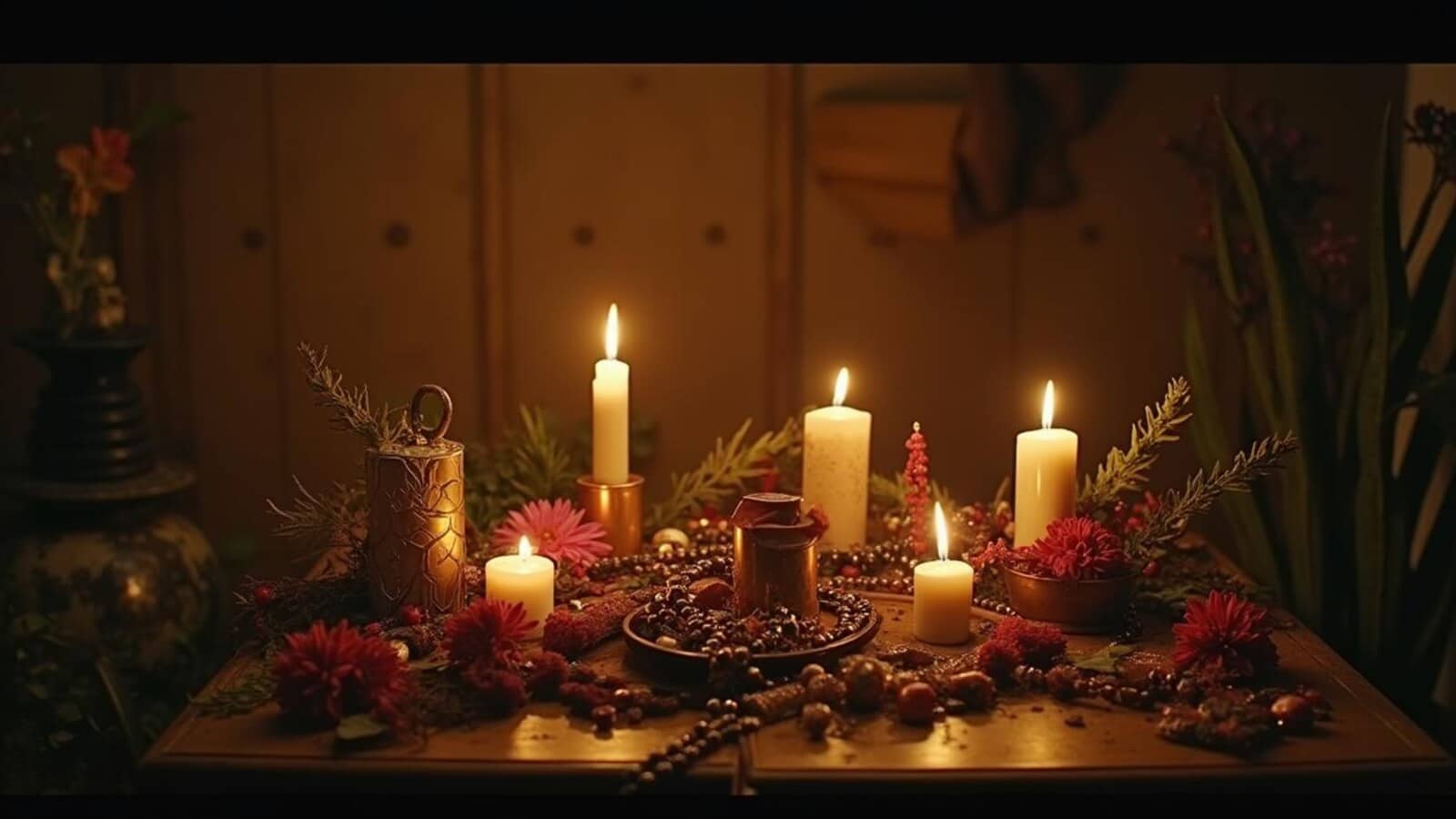 Horizontal respectful New Orleans voodoo candle altar with flowers and soft shadows