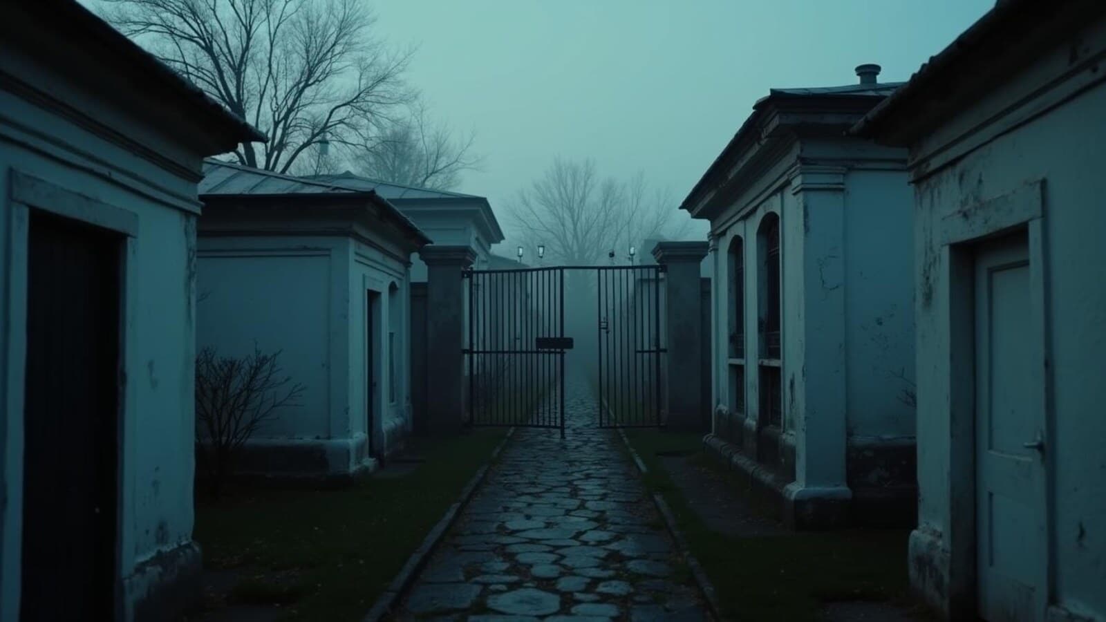 Horizontal above-ground cemetery tombs in New Orleans fog for haunted travel article