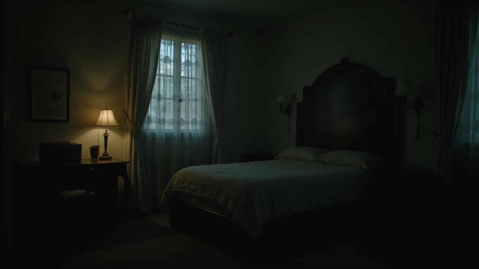 haunted Stanley Hotel room 217 inspired vintage hotel room with warm lamp and eerie shadows