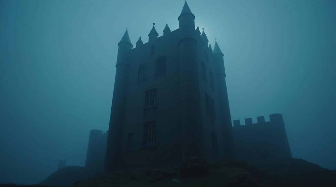 horizontal gothic haunted castle tower at dusk with fog for haunted castles around the world