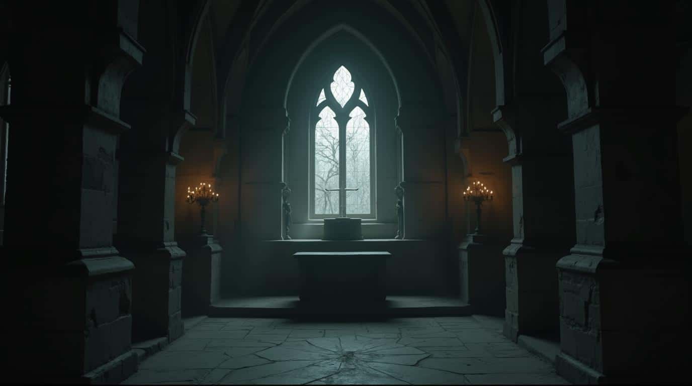 horizontal haunted castle chapel interior with candles and cold stone arches for most haunted castles in the world