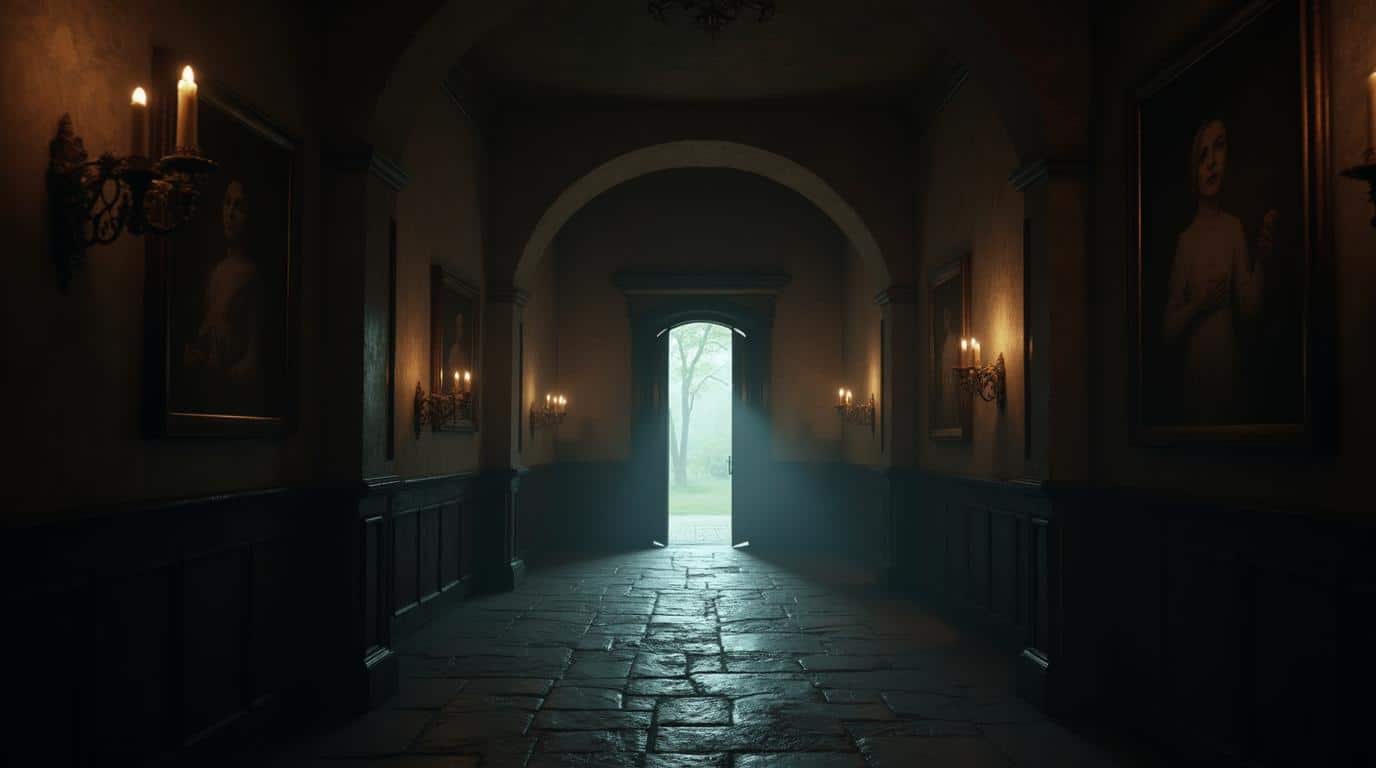 horizontal dim haunted castle corridor with old portraits and candlelight for haunted castle ghost stories
