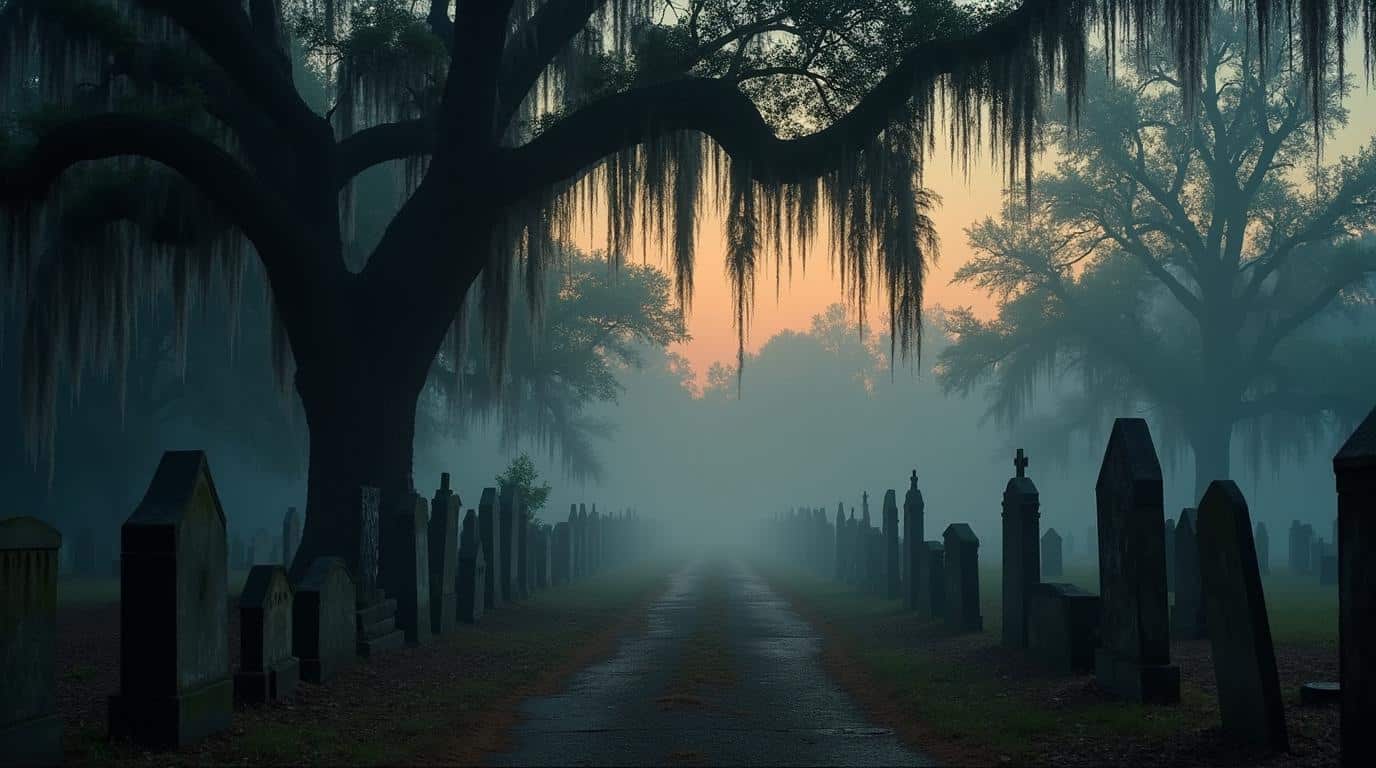 horizontal haunted Georgia cemetery with Spanish moss and old stone graves for most haunted places in Georgia