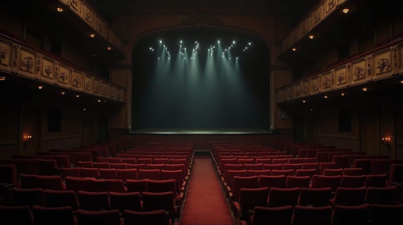 horizontal old haunted theater interior with empty seats and dim stage lights for Georgia ghost stories