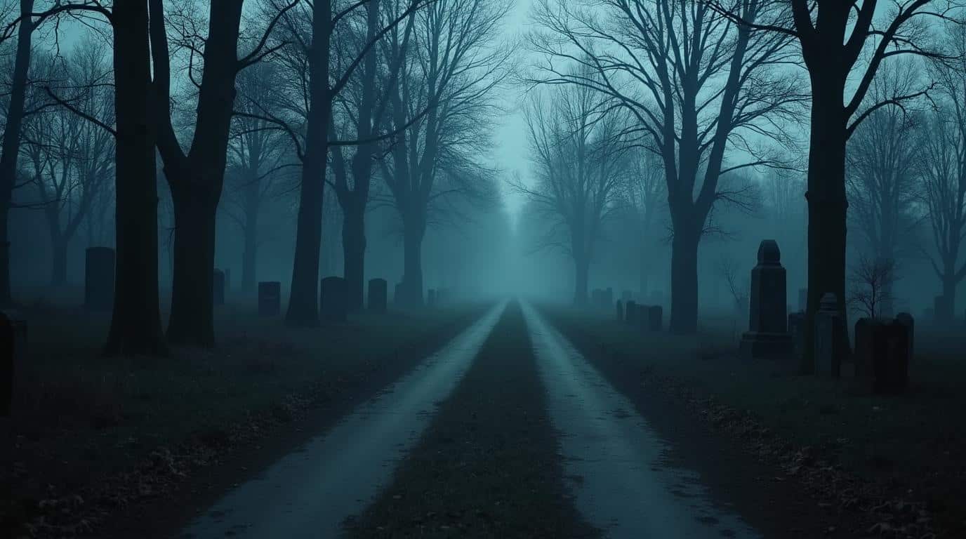 horizontal haunted Michigan cemetery road at dusk with fog and old trees