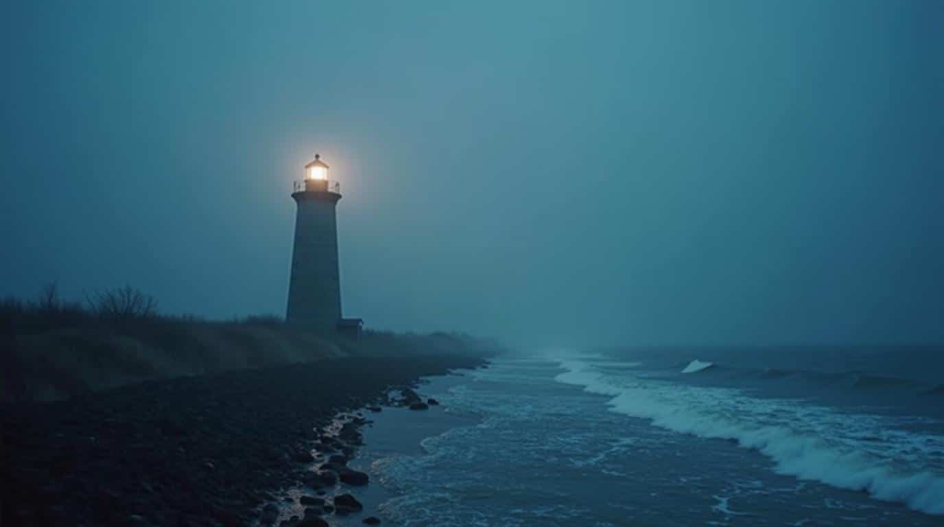 horizontal haunted Michigan lighthouse on a foggy Great Lakes shore