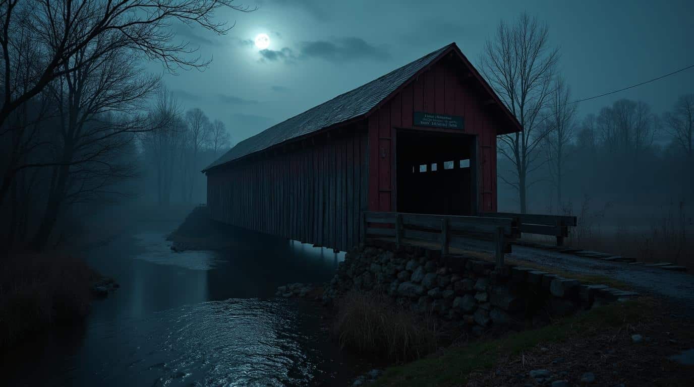 horizontal haunted covered bridge in Pennsylvania at night with fog and old wood
