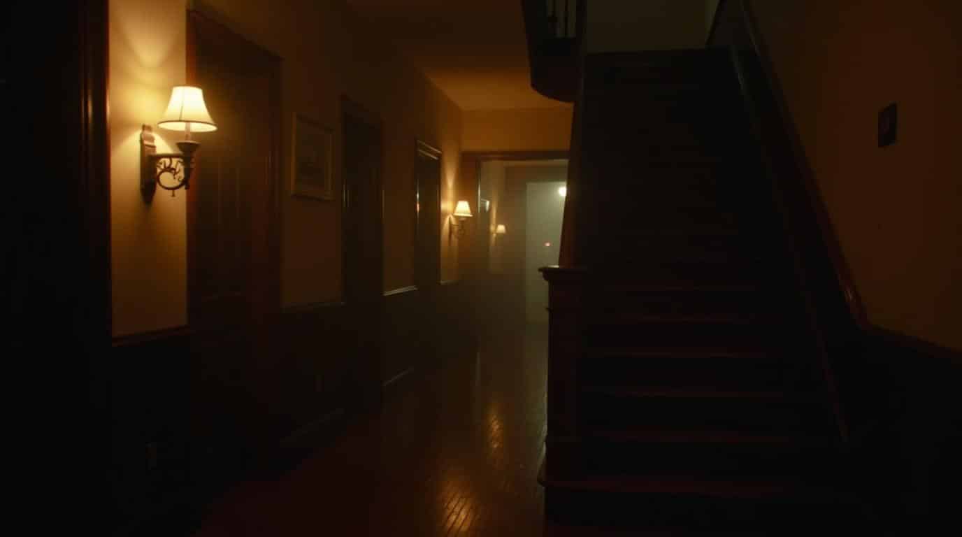 horizontal haunted historic inn hallway in Pennsylvania with warm lights and old wood