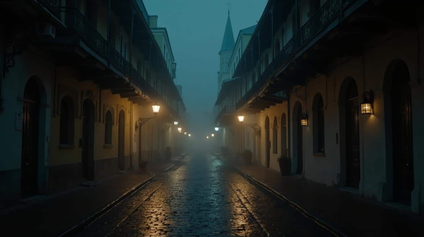 horizontal haunted Savannah street at night with old brick buildings and fog for haunted places in Georgia