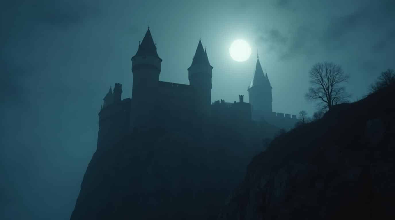 Horizontal haunted medieval castle at night for most haunted castles in the world