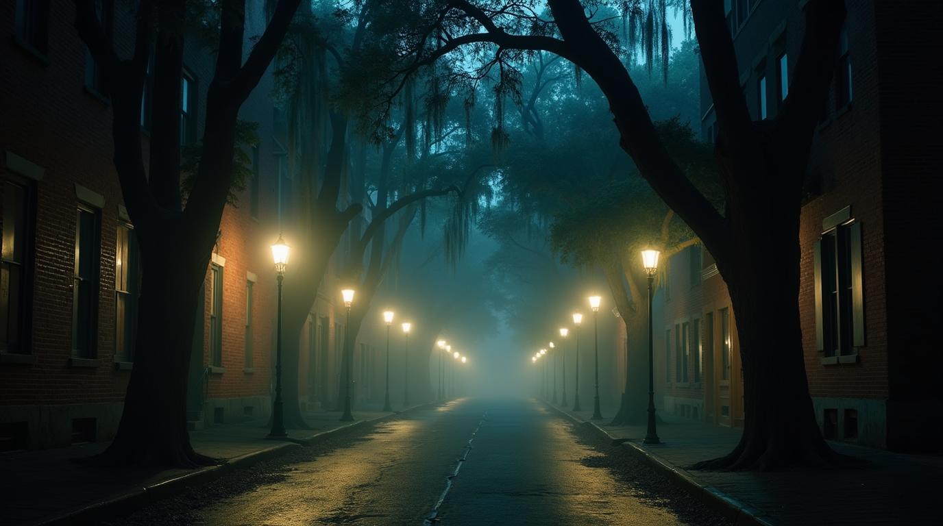 Horizontal haunted Savannah Georgia street at night for most haunted places in Georgia