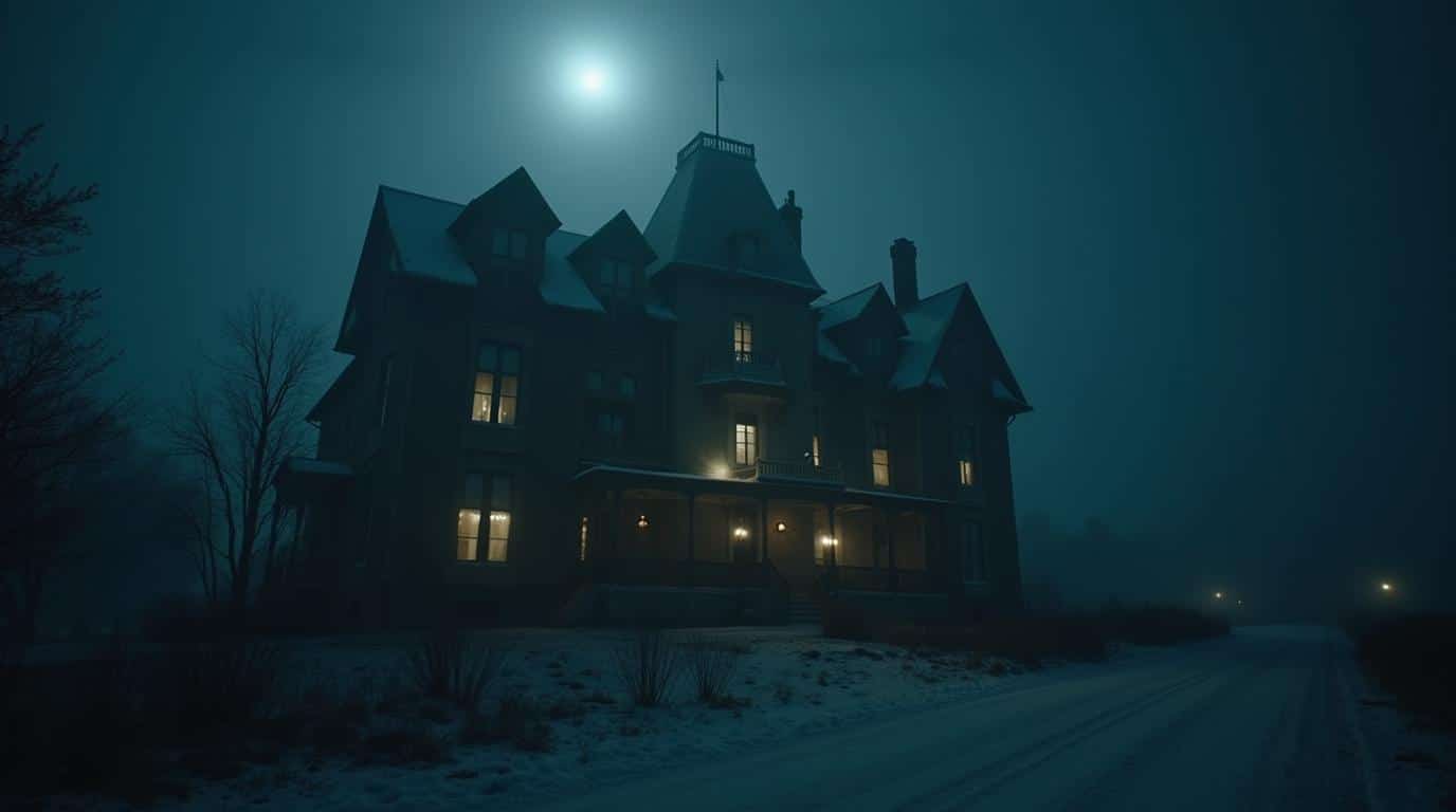 Horizontal haunted Mackinac Island hotel in fog for most haunted places in Michigan