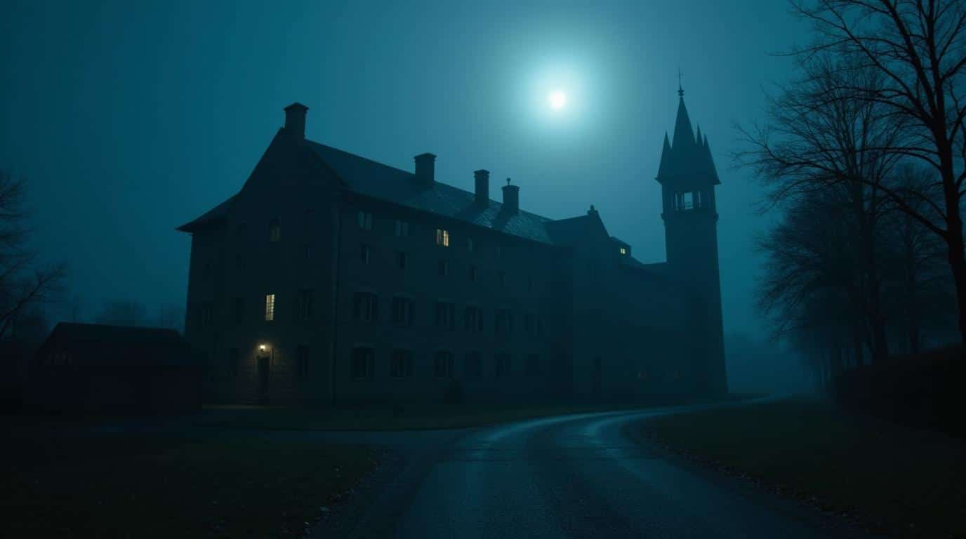 Horizontal haunted Pennsylvania prison exterior at night for most haunted places in Pennsylvania